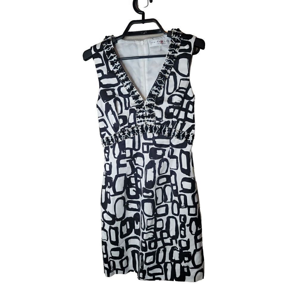 Trina Turk Women's Black White Printed Beaded Dress Size 0 t75